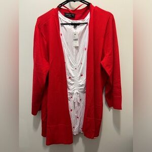 Lane Bryant Red Cardigan with White Ruched Top